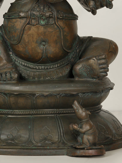 20" Four Armed Lord Ganesha Bronze Idol Seated on Pedestal Podium