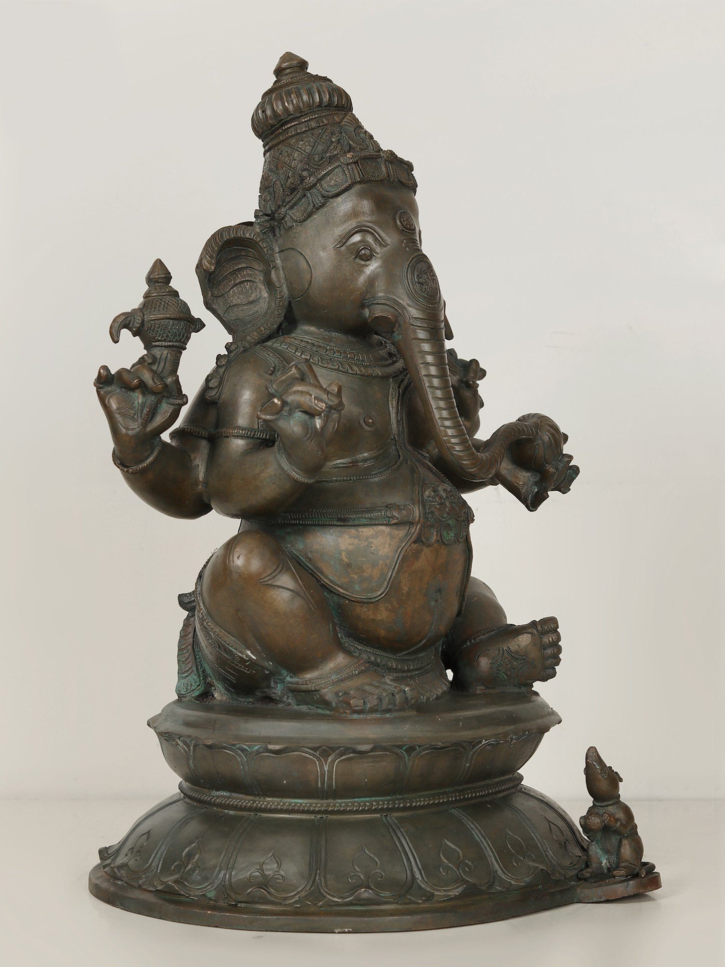 20" Four Armed Lord Ganesha Bronze Idol Seated on Pedestal Podium