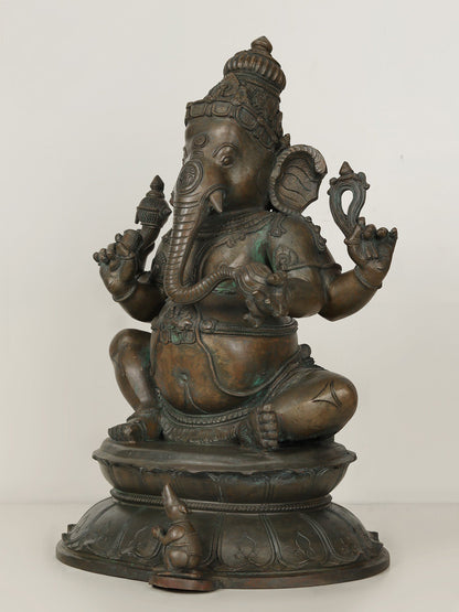 20" Four Armed Lord Ganesha Bronze Idol Seated on Pedestal Podium