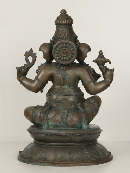 20" Four Armed Lord Ganesha Bronze Idol Seated on Pedestal Podium