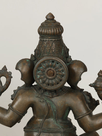 20" Four Armed Lord Ganesha Bronze Idol Seated on Pedestal Podium