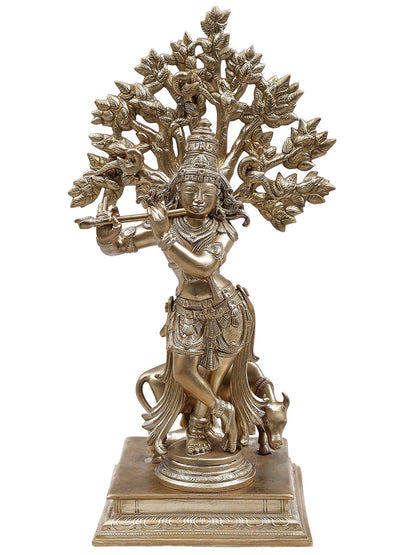 14" Superfine Lord Krishna Idol Playing Flute Under Tree with Cow