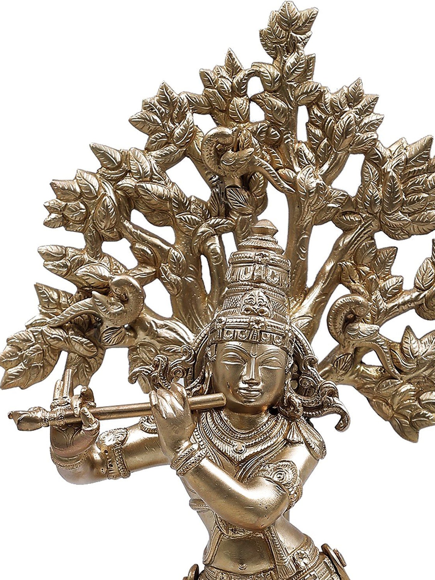 14" Superfine Lord Krishna Idol Playing Flute Under Tree with Cow