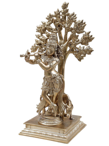 14" Superfine Lord Krishna Idol Playing Flute Under Tree with Cow