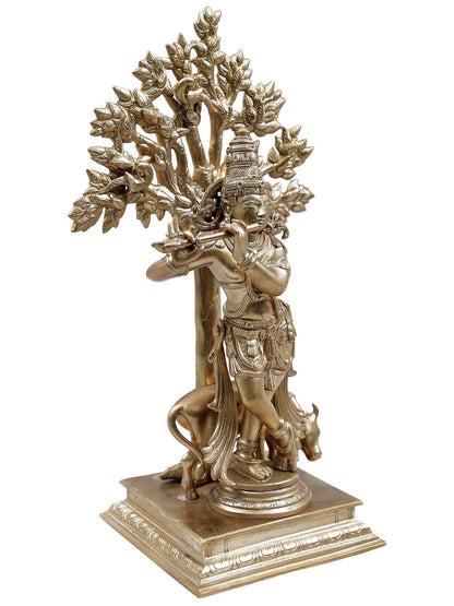 14" Superfine Lord Krishna Idol Playing Flute Under Tree with Cow