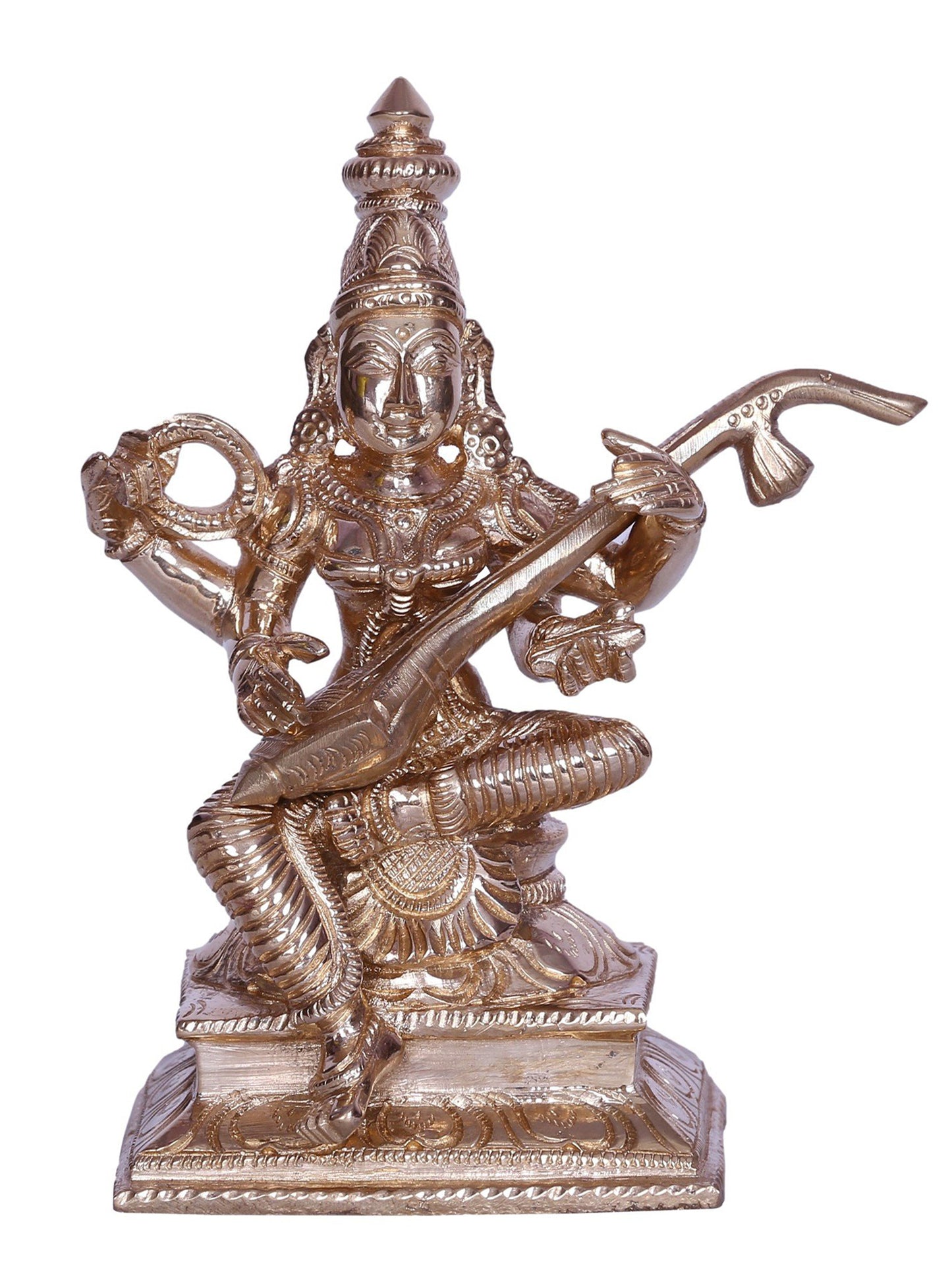 5" Four Armed Goddess Saraswati Idol Seated with Veena | Bronze Statue