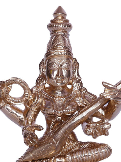 5" Four Armed Goddess Saraswati Idol Seated with Veena | Bronze Statue