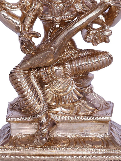 5" Four Armed Goddess Saraswati Idol Seated with Veena | Bronze Statue