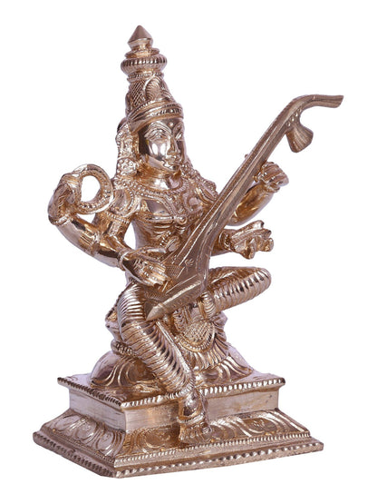 5" Four Armed Goddess Saraswati Idol Seated with Veena | Bronze Statue