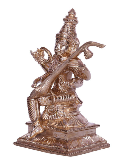 5" Four Armed Goddess Saraswati Idol Seated with Veena | Bronze Statue