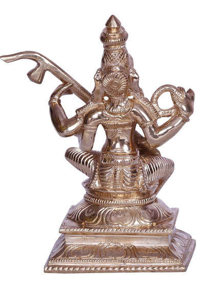 5" Four Armed Goddess Saraswati Idol Seated with Veena | Bronze Statue