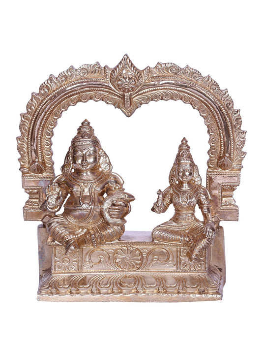 6" Hindu Deities Of Wealth Kubera And Lakshmi Seated On Kirtimukha | Bronze Statue