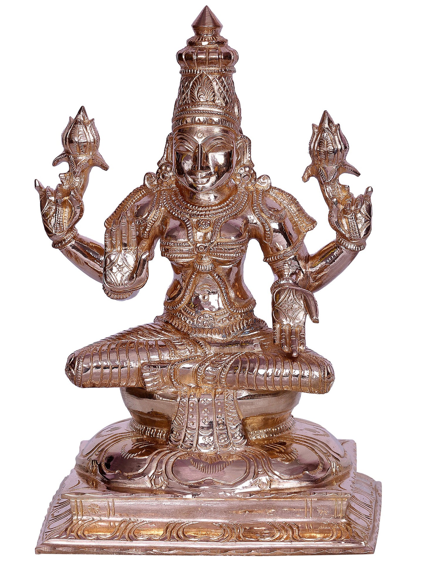 9" Goddess Lakshmi Bronze Statue Seated On Lotus | Handmade Bronze Sculpture