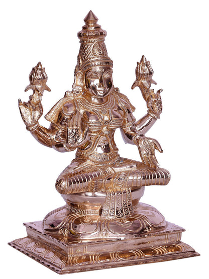 9" Goddess Lakshmi Bronze Statue Seated On Lotus | Handmade Bronze Sculpture