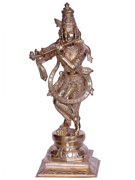 13" Lord Krishna Standing On Lotus Base With Flute | Bronze Statue