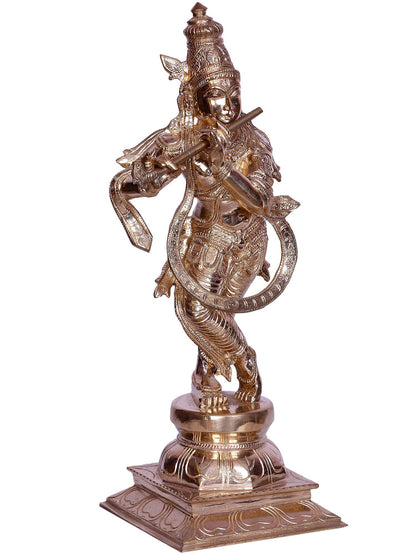 13" Lord Krishna Standing On Lotus Base With Flute | Bronze Statue