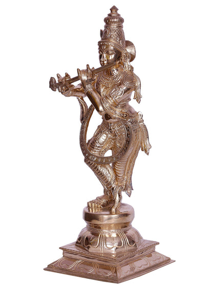 13" Lord Krishna Standing On Lotus Base With Flute | Bronze Statue