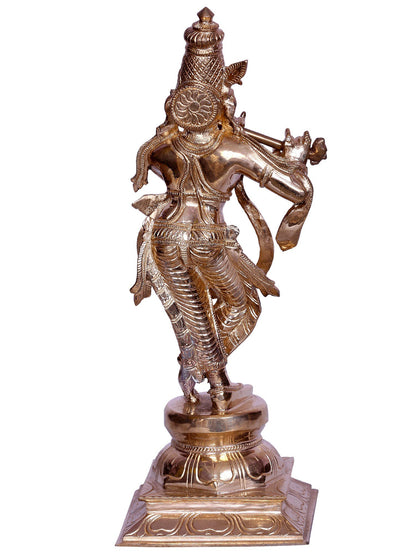 13" Lord Krishna Standing On Lotus Base With Flute | Bronze Statue