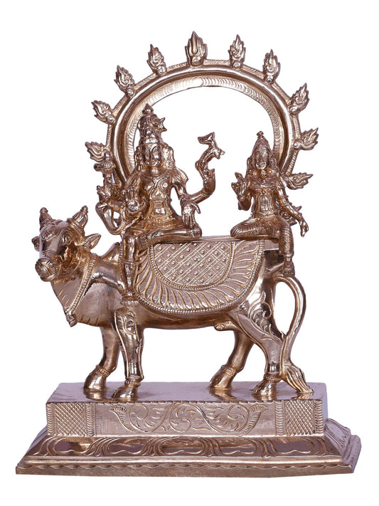 11" Hindu Deities Shiva & Parvati Bronze Sculpture Sitting on Nandi | Handmade Idol | Bronze Shiva & Parvati Statue