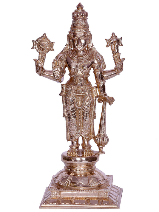 12" Standing On Pedestal Lord Vishnu (Perumal) Bronze Sculpture | Handmade Idol | Lord Vishnu Bronze Statue