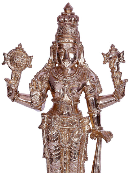 12" Standing On Pedestal Lord Vishnu (Perumal) Bronze Sculpture | Handmade Idol | Lord Vishnu Bronze Statue