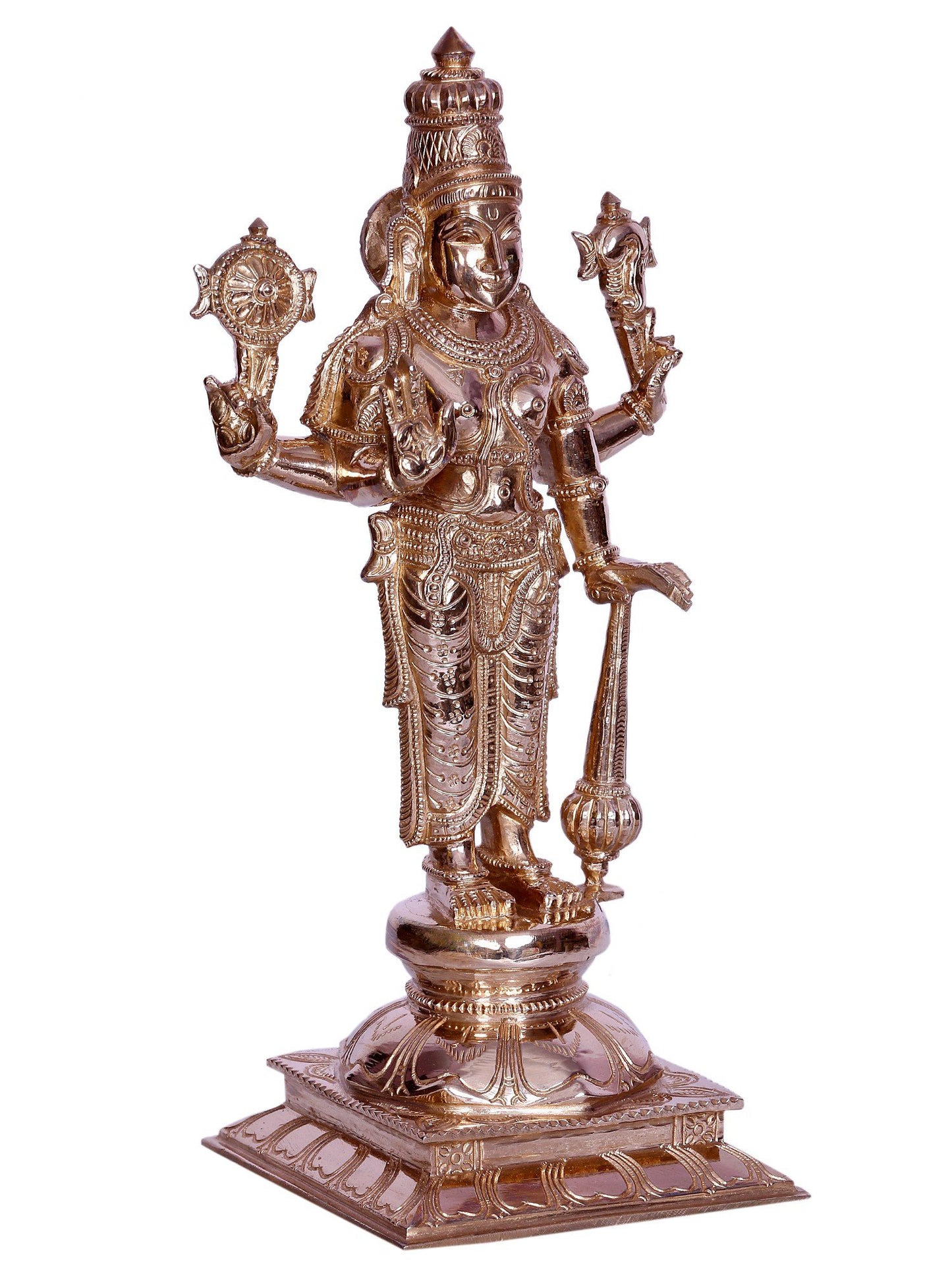 12" Standing On Pedestal Lord Vishnu (Perumal) Bronze Sculpture | Handmade Idol | Lord Vishnu Bronze Statue