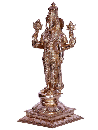 12" Standing On Pedestal Lord Vishnu (Perumal) Bronze Sculpture | Handmade Idol | Lord Vishnu Bronze Statue