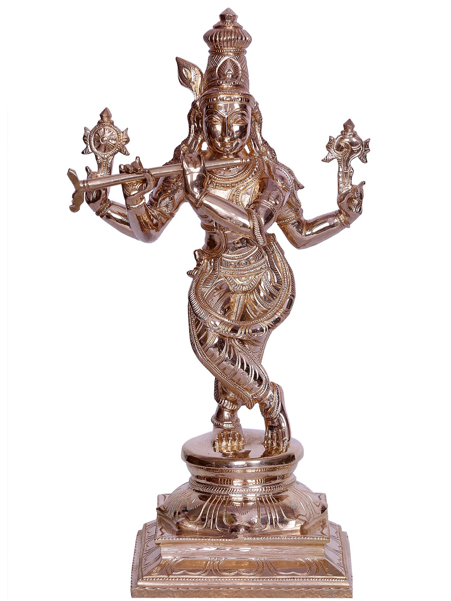 12" Four-Armed Krishna Bronze Figurine Playing Flute | Handmade