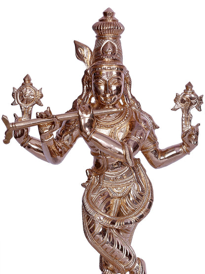 12" Four-Armed Krishna Bronze Figurine Playing Flute | Handmade