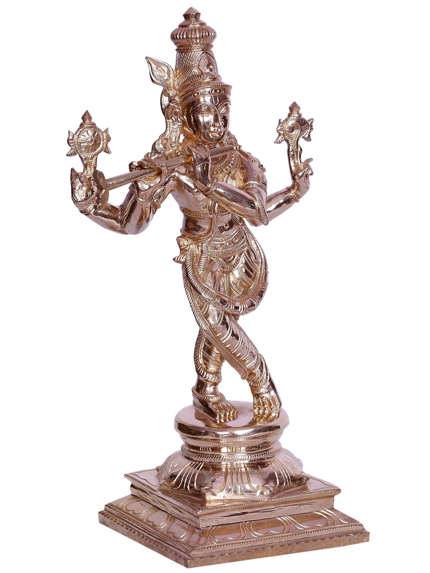 12" Four-Armed Krishna Bronze Figurine Playing Flute | Handmade