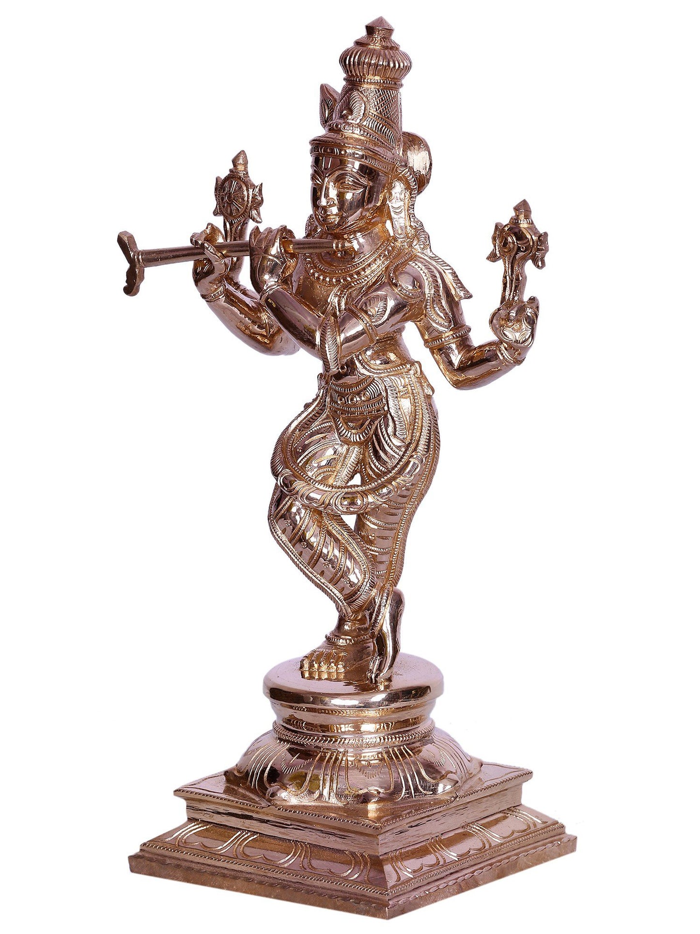 12" Four-Armed Krishna Bronze Figurine Playing Flute | Handmade