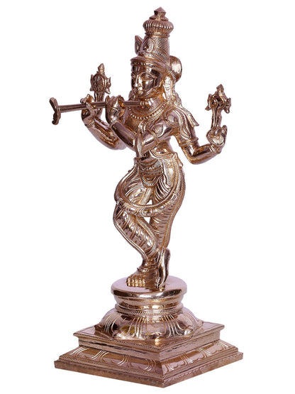 12" Four-Armed Krishna Bronze Figurine Playing Flute | Handmade