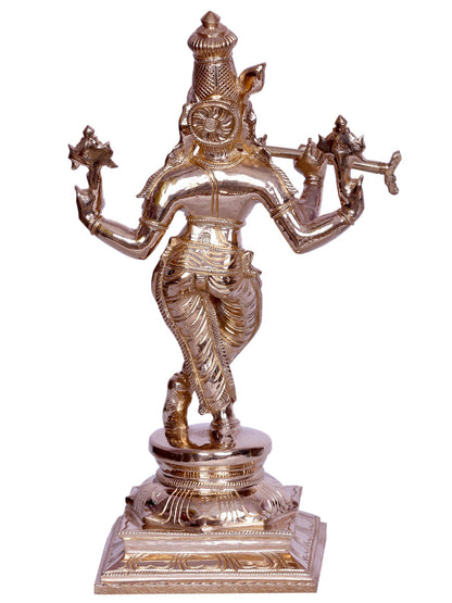 12" Four-Armed Krishna Bronze Figurine Playing Flute | Handmade