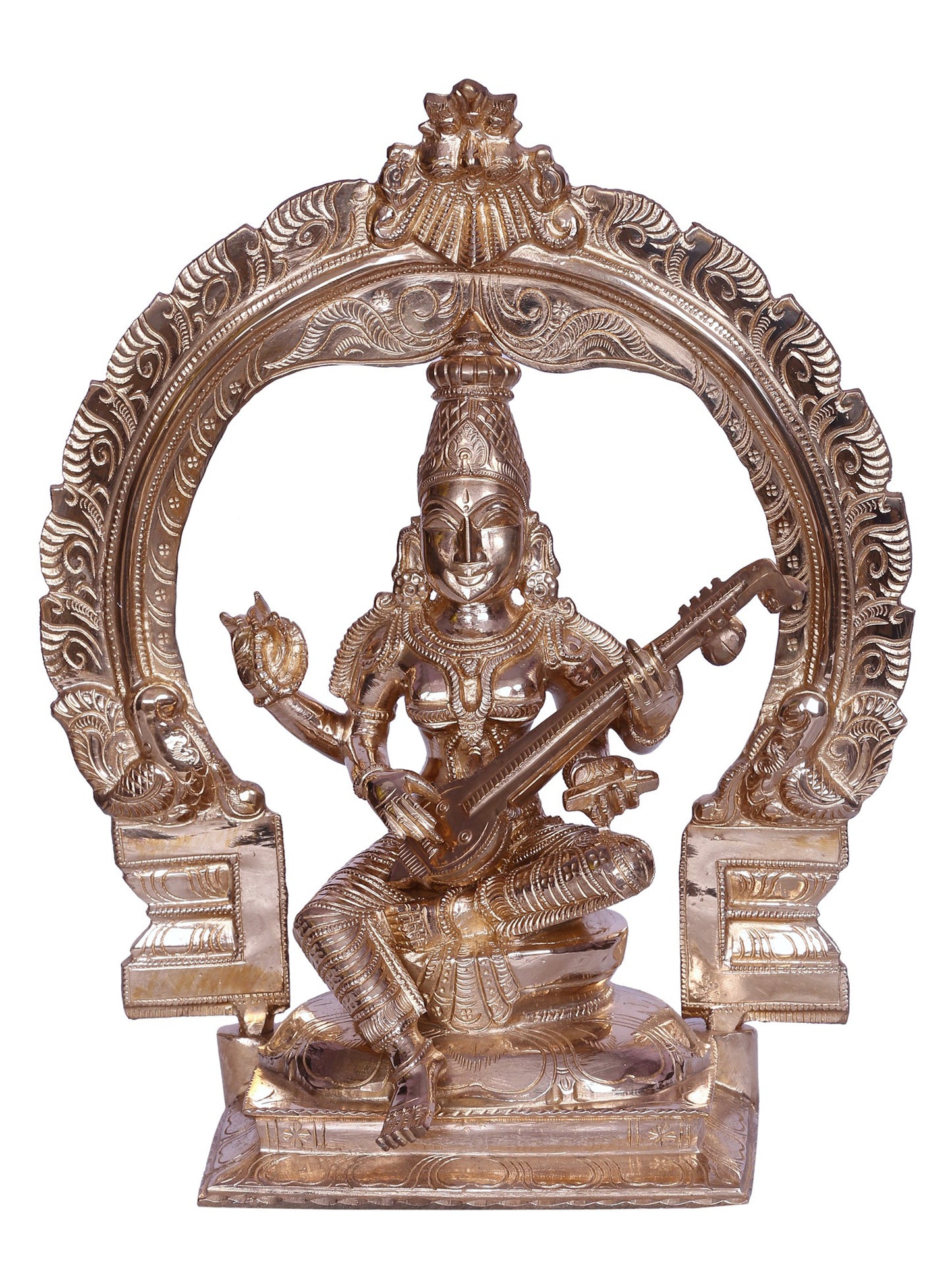 12" Hindu Goddess Saraswati Bronze Sculpture with Arch | Handmade