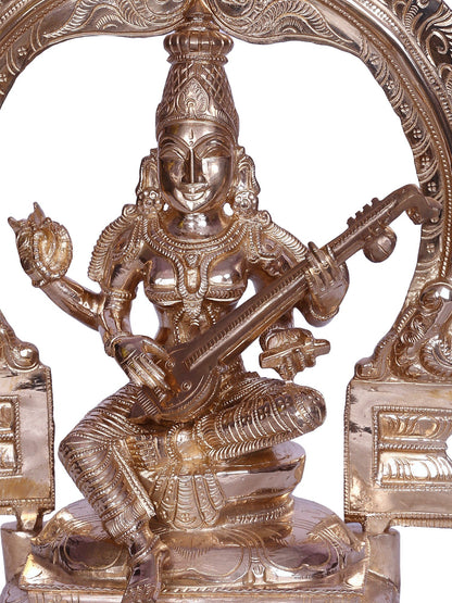 12" Hindu Goddess Saraswati Bronze Sculpture with Arch | Handmade