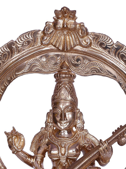 12" Hindu Goddess Saraswati Bronze Sculpture with Arch | Handmade