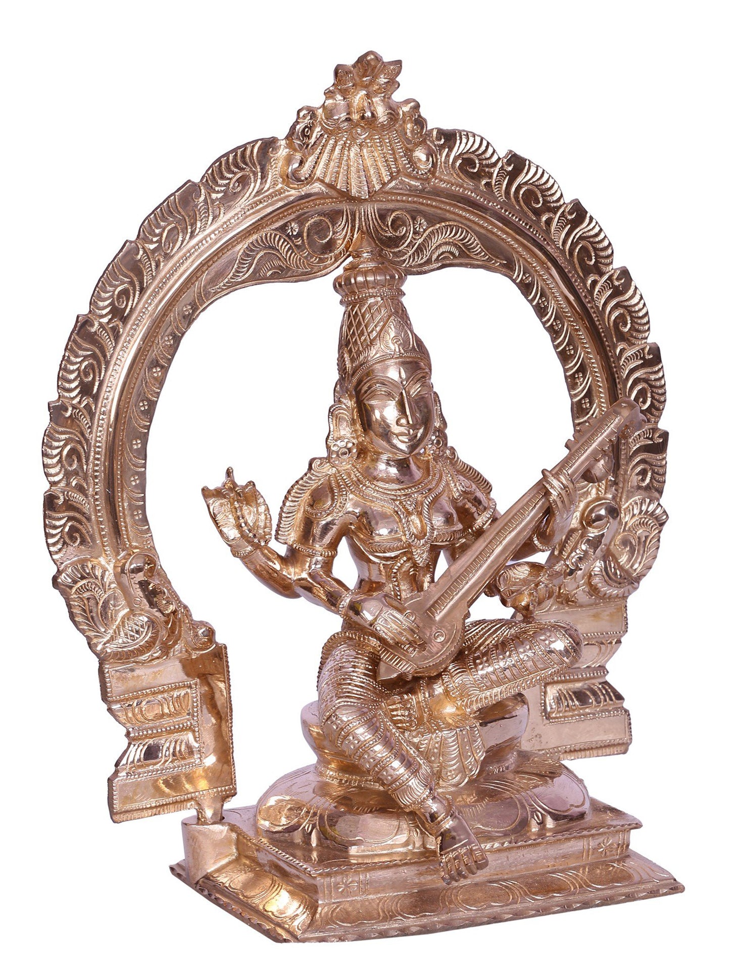 12" Hindu Goddess Saraswati Bronze Sculpture with Arch | Handmade