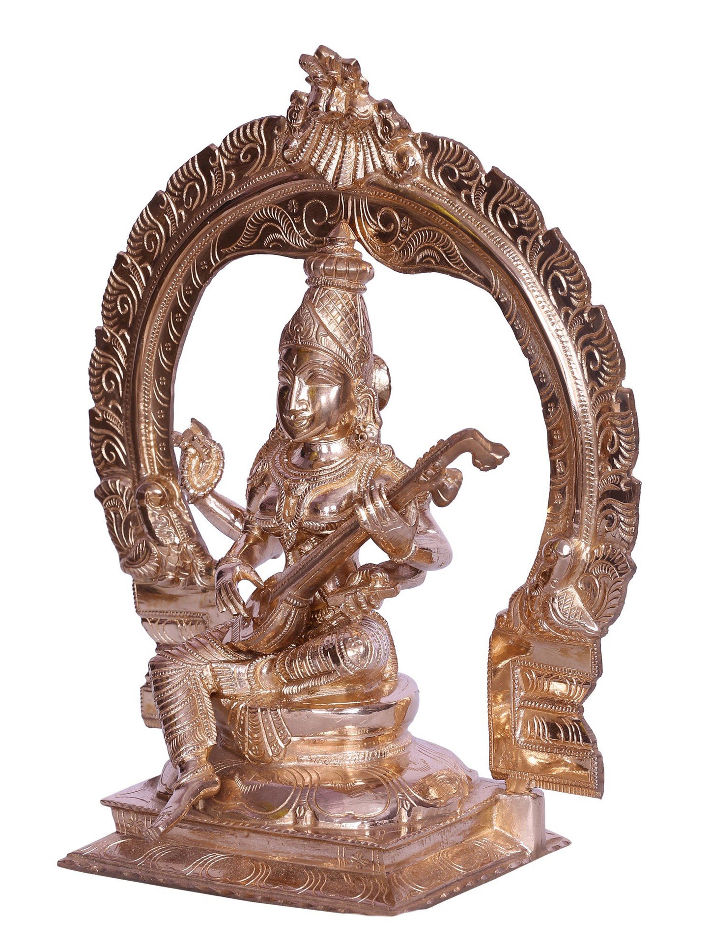 12" Hindu Goddess Saraswati Bronze Sculpture with Arch | Handmade