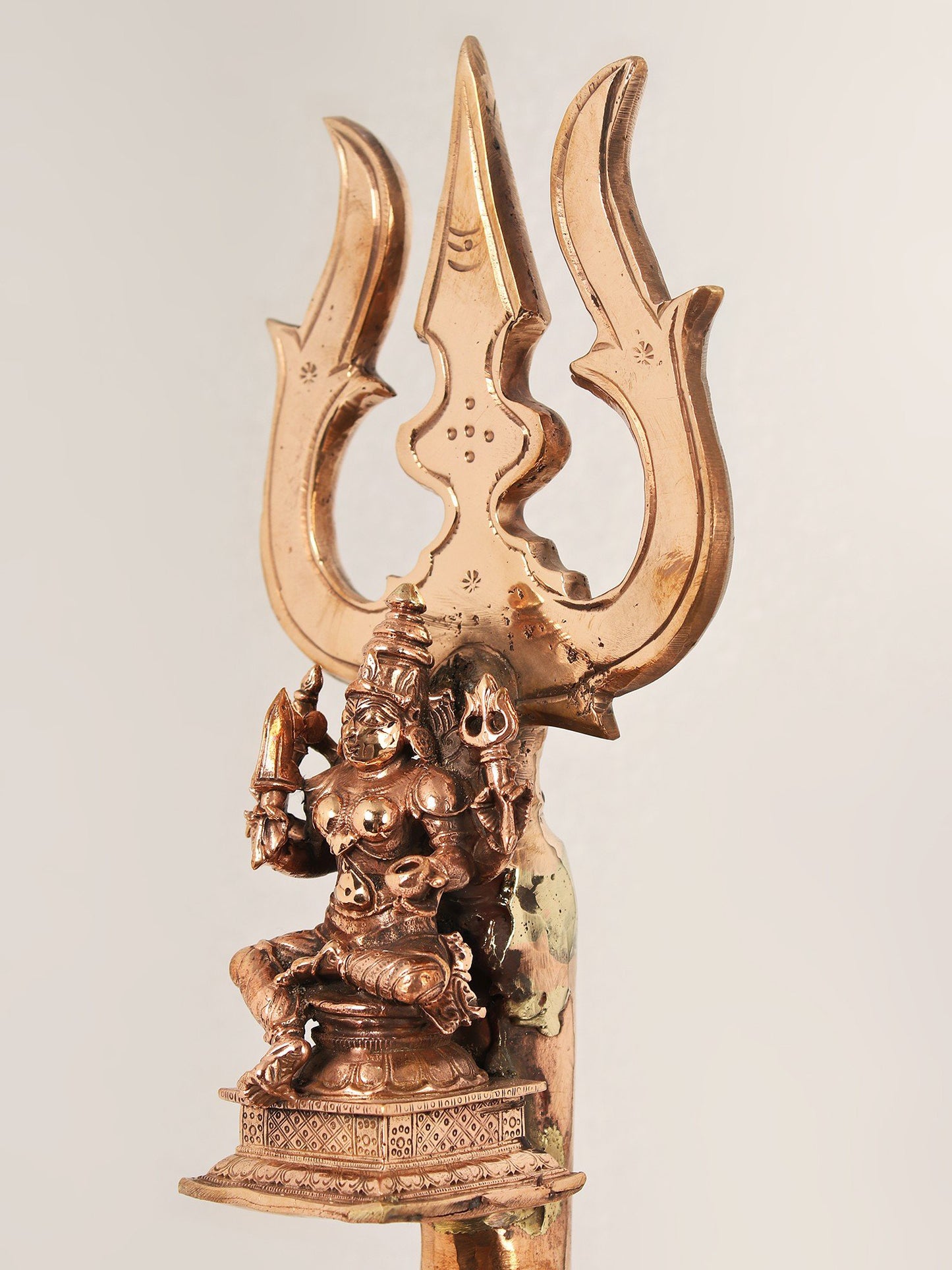 16" Four Armed Goddess Mariamman On Trishul | Handmade Copper And Brass Item For Temple