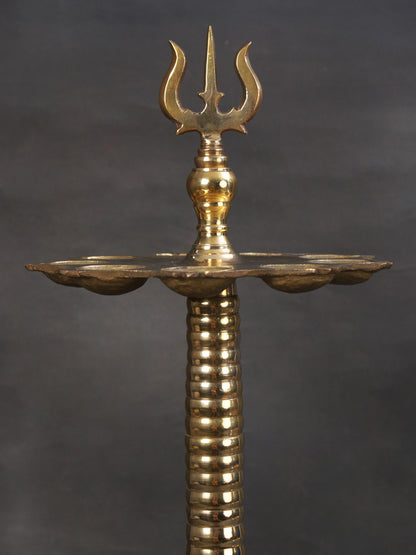 25" Trident Lamp With Nine Wicks | Designer Brass Lamp | Handmade Brass Trishul Lamp | Ritual Item For Gifting