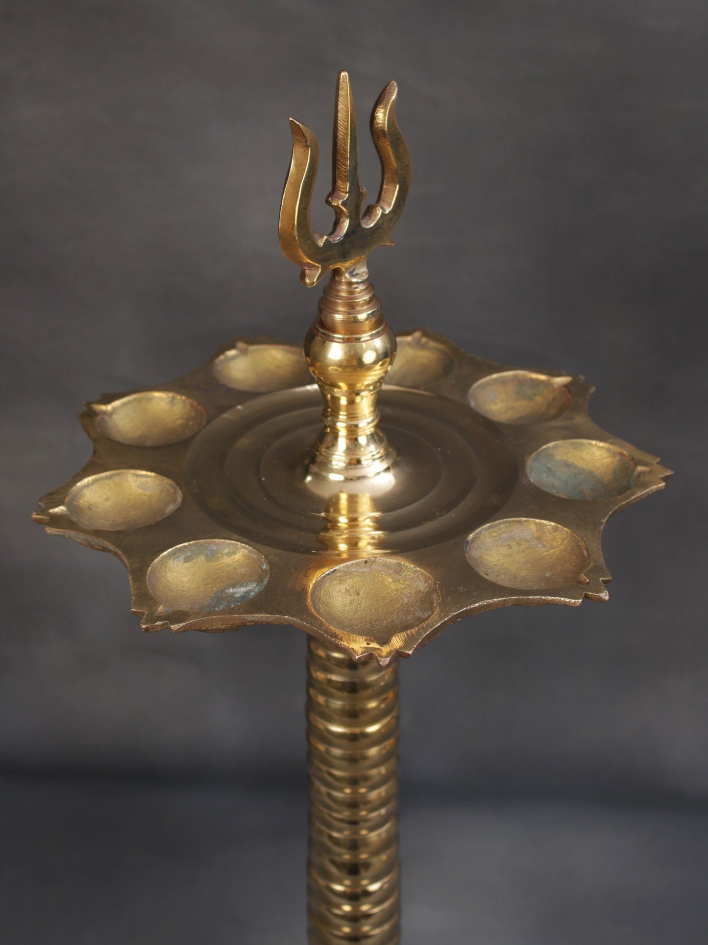 25" Trident Lamp With Nine Wicks | Designer Brass Lamp | Handmade Brass Trishul Lamp | Ritual Item For Gifting