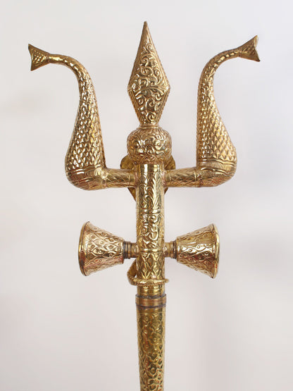 Brass Lord Shiva'S Trishul With Damru And Snake | Handmade Brass Item For Temple