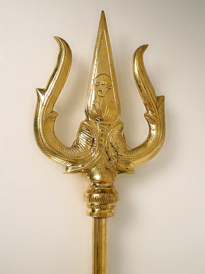 63" Large Size Lord Shiva'S Trishul With Mahadev Face In Brass  | Handmade Brass Trident For Temple