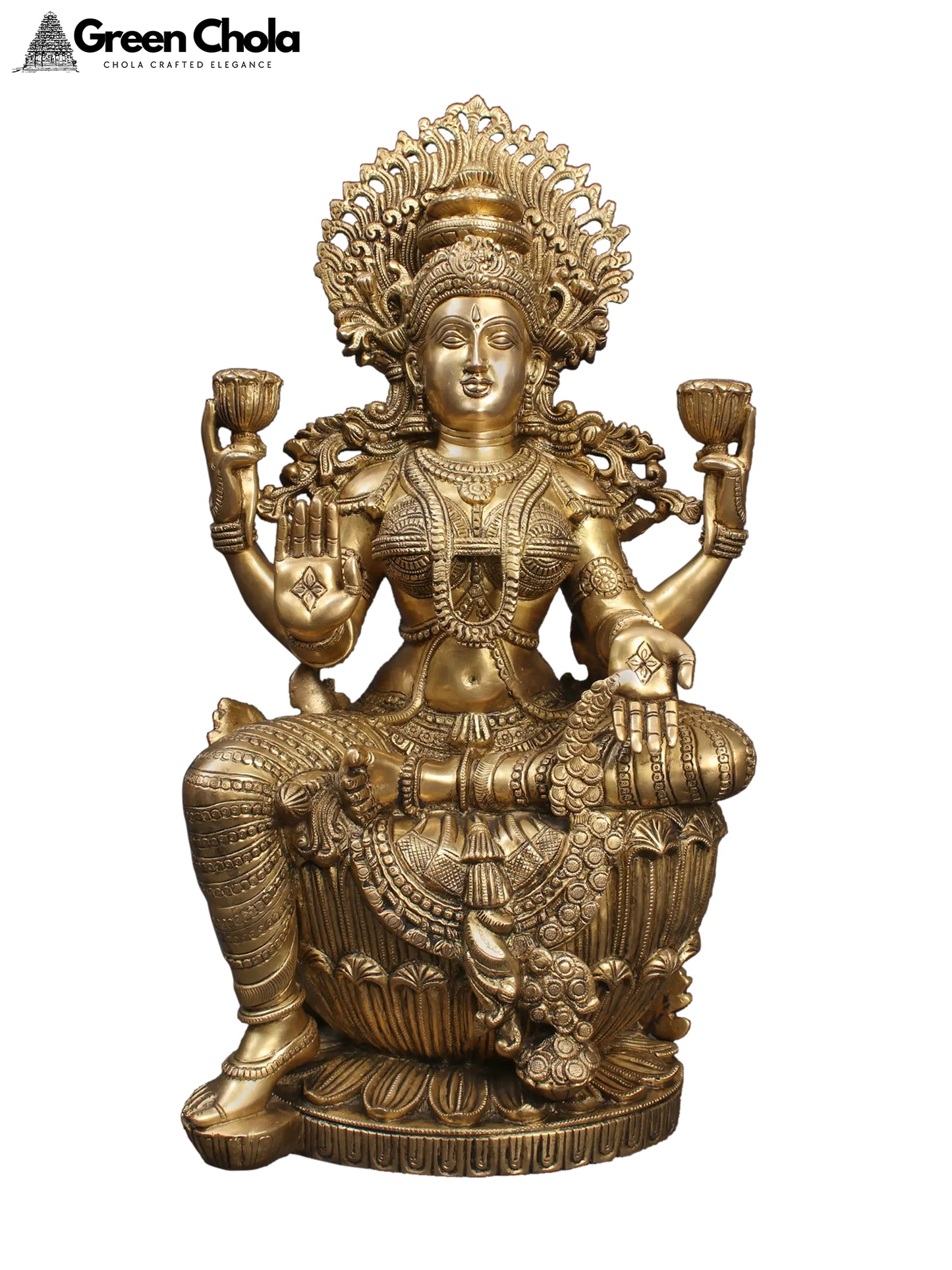 25-inch Sitting Goddess Lakshmi Brass Statue - Elegant Religious Sculpture