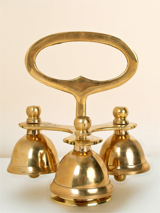 6" Triple Ritual Bell With Holder In Brass | Handmade Brass Bell For Temple