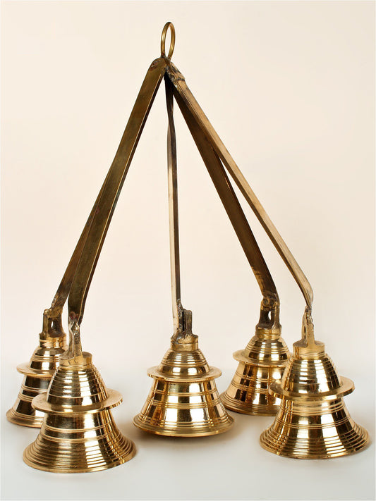 13" Five Ritual Hanging Brass Bells In One | Handmade Brass Bell For Temple