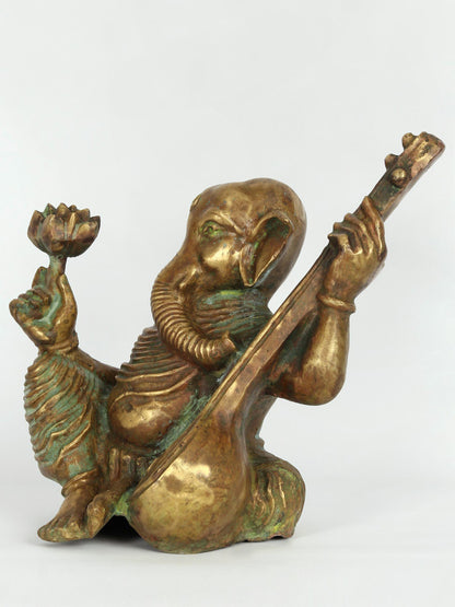 14" Lord Ganesha Playing Sitar | Original Bronze Sculpture For Home | Bronze Statue