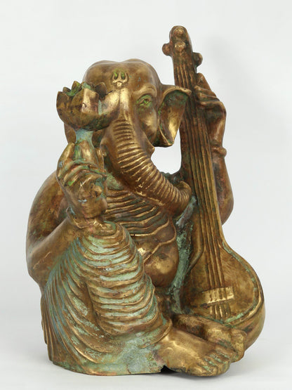 14" Lord Ganesha Playing Sitar | Original Bronze Sculpture For Home | Bronze Statue