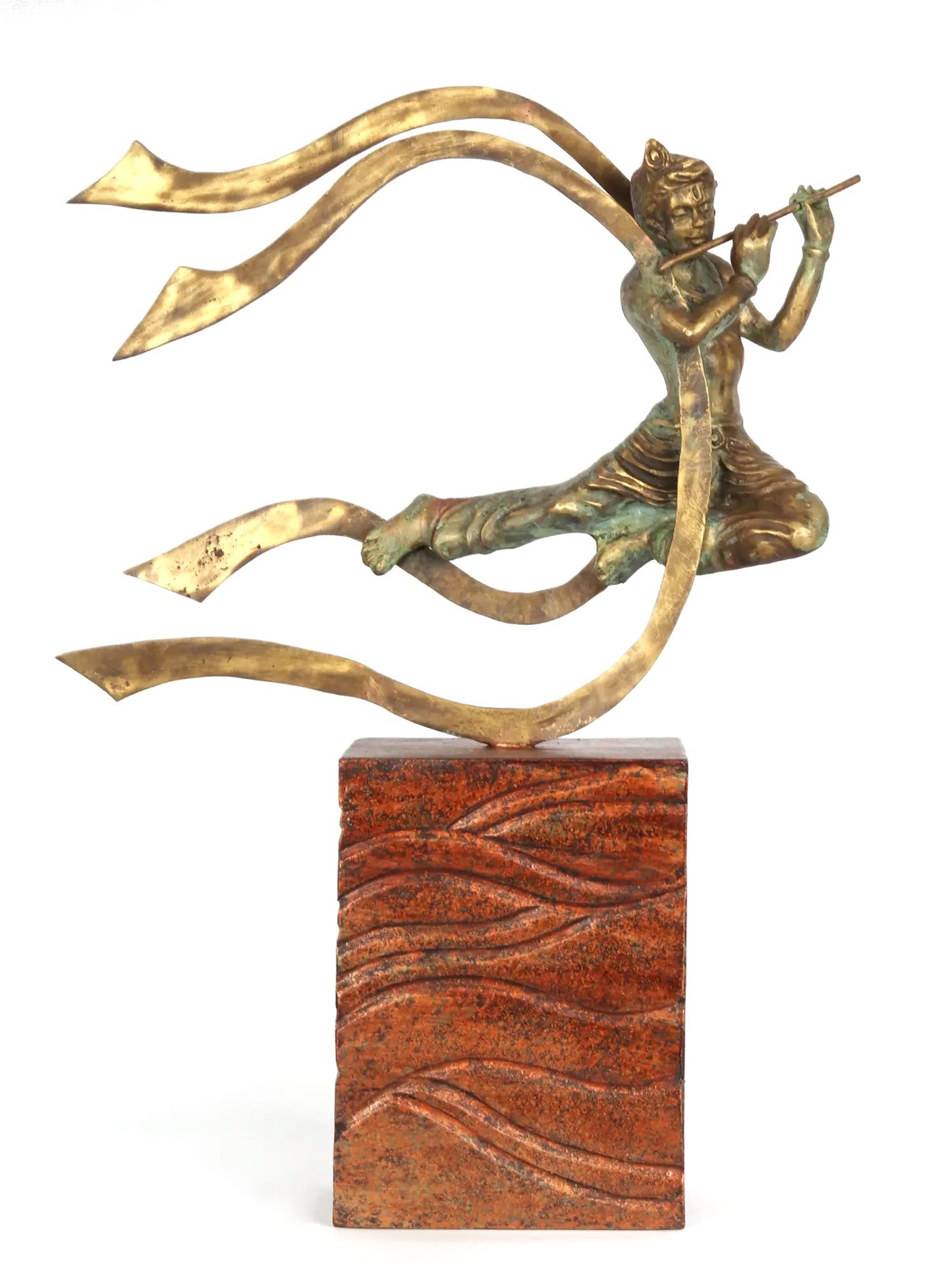 26" Lord Krishna Playing Flute In Wave With Wood Base| Original Bronze Sculpture | Bronze Statue