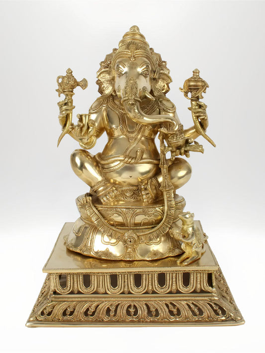 19-Inch Superfine Sitting Four-Armed Lord Ganesha Brass Statue